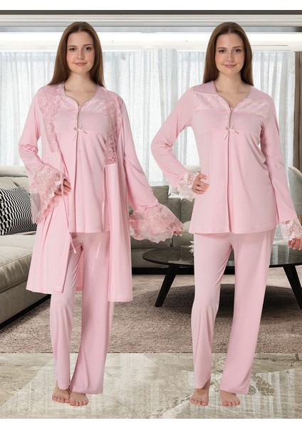 Dvina Effortt Lohusa Sabahlıklı Pijama Takımı Pembe - 4084