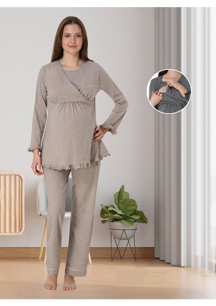 Dvina Effortt Lohusa Pijama Takımı Bej - 4042