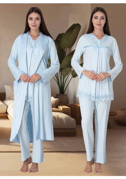 Dvina Effortt Lohusa Sabahlıklı Pijama Takımı Mavi - 4034