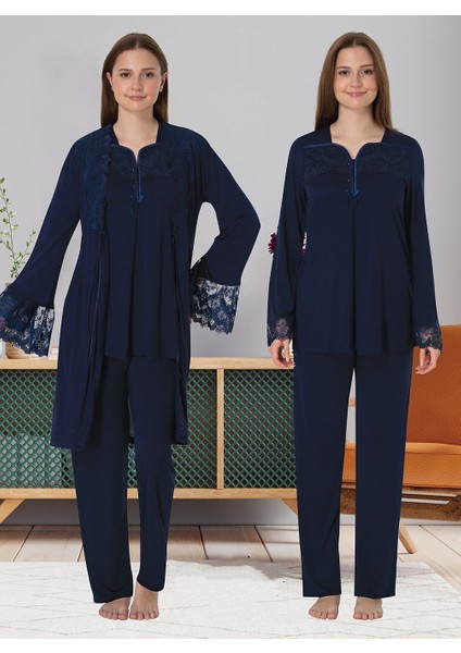 Dvina Effortt Lohusa Sabahlıklı Pijama Takımı Lacivert - 4084