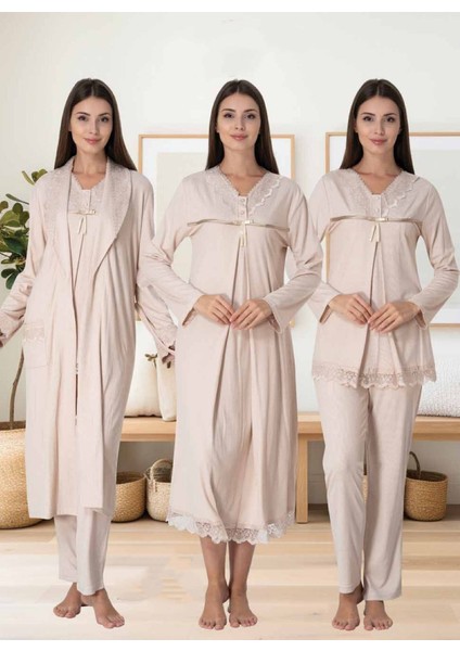 Dvina Effortt Lohusa 4'lü Set - Sabahlık/pijama Takımı/gecelik Bej - 4036