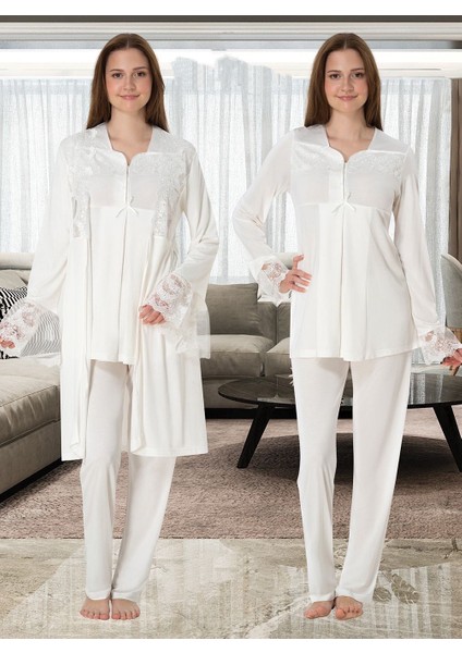 Dvina Effortt Lohusa Sabahlıklı Pijama Takımı Ekru - 4084
