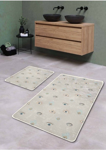 Kaymaz Tabanlı 2'li Yıkanabilir Banyo Paspası, Mystery Desenli, 60X100 cm ve 50X60 cm