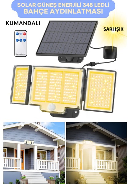 Geniş Açılı Solar Projektör Bahçe Aydınlatma – 348 Led, Kumanda Kontrollü, Sarı Işık