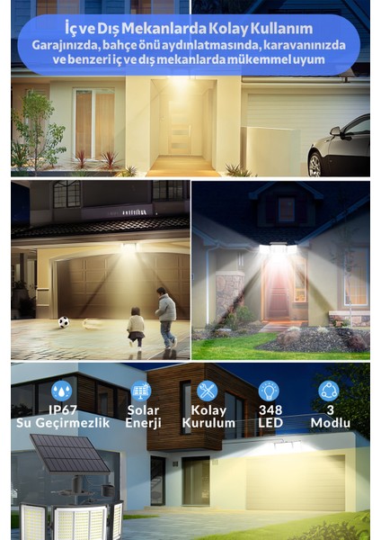 Geniş Açılı Solar Projektör Bahçe Aydınlatma – 348 Led, Kumanda Kontrollü, Sarı Işık modelleri