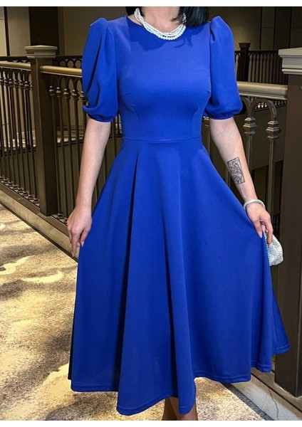 Kadın Bisiklet Yaka Kısa Kol Lastik Detay Uzun Elbise