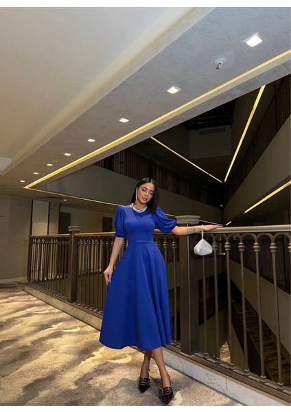 Kadın Bisiklet Yaka Kısa Kol Lastik Detay Uzun Elbise modelleri