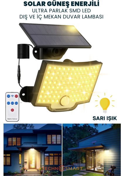 Güneş Enerjili Bahçe Aydınlatması – 106 Led, Sarı Işık, Kumandalı IP65 Solar Duvar Lamba