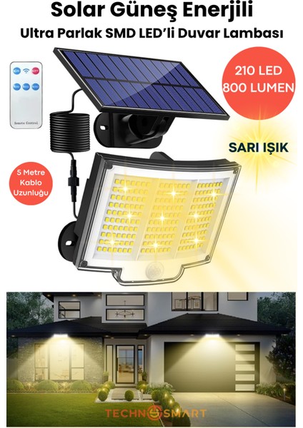 Solar 220 LED – 5m Kablolu, IP65, Kumandalı, 3 Modlu, Güneş Enerjili Bahçe Aydınlatma - Sarı Işık