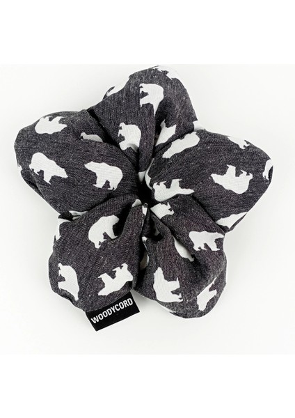 El Yapımı Gri Kutup Ayısı Desenli Pofuduk Scrunchie Toka