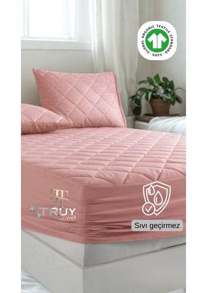 Sıvı Geçirmez Kapitoneli Battal Boy Yatak Alezi Pudra 200X220