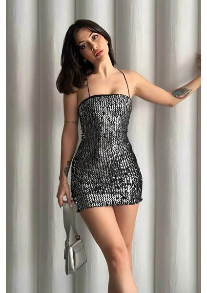 Askılı Pullu Gece Parti Davet Şık Trend Mini Elbise