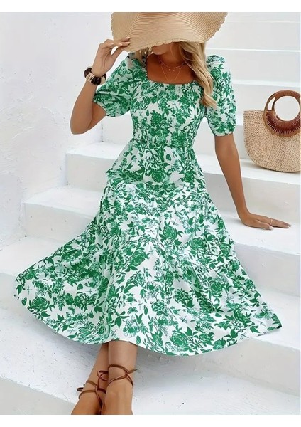 Kadın Kısa Kollu Kare Yakalı Lastikli Desenli Süprem Elbise modelleri