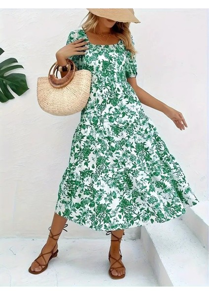 Kadın Kısa Kollu Kare Yakalı Lastikli Desenli Süprem Elbise fırsatları