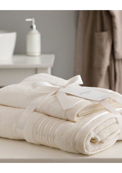 Ekru Çizgili Floşlu Pamuklu Banyo Havlusu Takımı modelleri