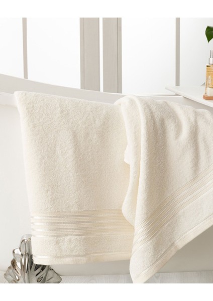 Ekru Çizgili Floşlu Pamuklu Banyo Havlusu Takımı fırsatları