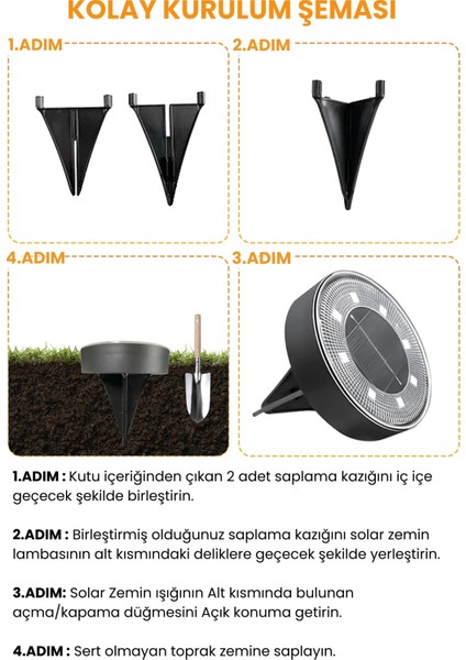 Solar 8 LED Zemin Aydınlatma | 4 Adet | IP68 | Otomatik Gece Işığı | Bahçe Aydınlatma | Beyaz Işık