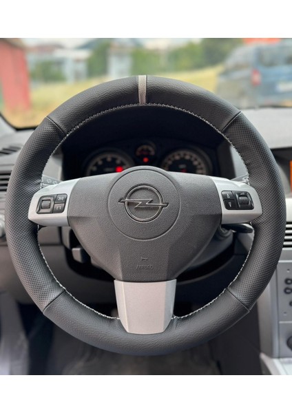 Dikişli Direksiyon Kılıfı Siyah Deri Noktalı Deri Gri Yüzük Gri Dikişli Opel Astra Için