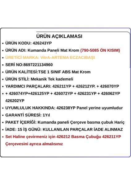 426243YP Kumanda Paneli Mat Krom (790-5085 Ön Kısım) fırsatları