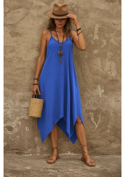 Kadın Askılı V Yakalı Cep Detaylı Asimetrik Kesim Viskon Elbise