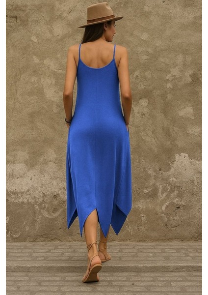 Kadın Askılı V Yakalı Cep Detaylı Asimetrik Kesim Viskon Elbise fiyatları