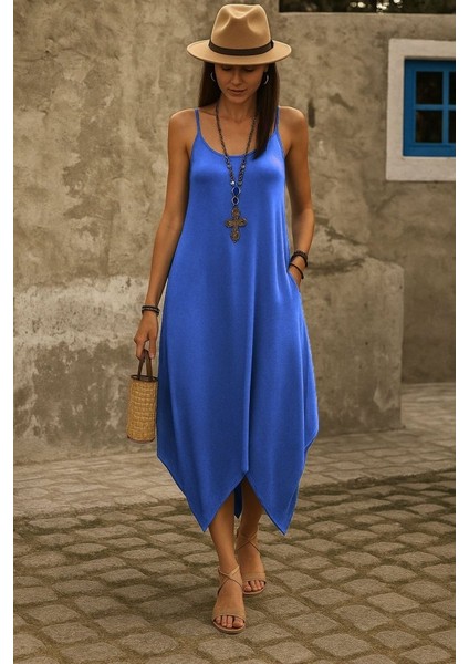 Kadın Askılı V Yakalı Cep Detaylı Asimetrik Kesim Viskon Elbise modelleri