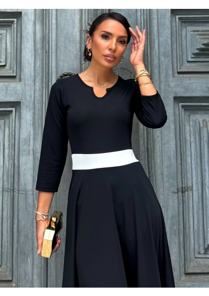 Kadın Truvakarkol Yakası Açık Blok Renkli Krep Midi Elbise fırsatları