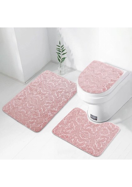 Yumuşak Desenli Pudra 3'lü Banyo Takımı ve Halı Seti