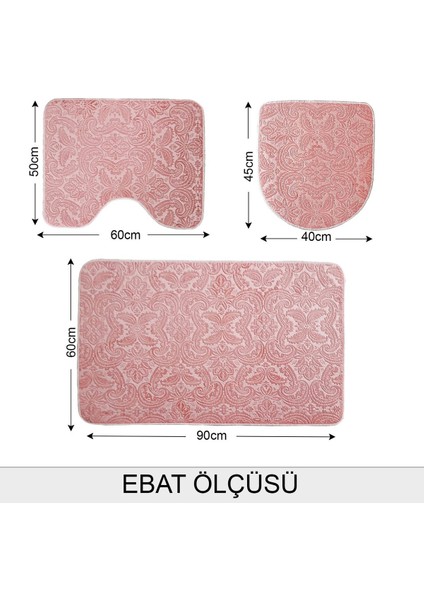 Yumuşak Desenli Pudra 3'lü Banyo Takımı ve Halı Seti