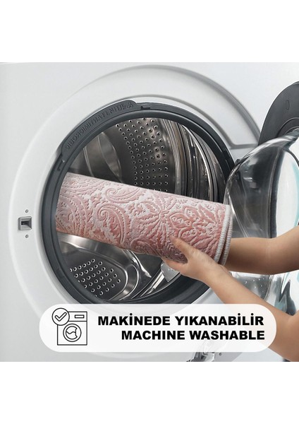 Yumuşak Desenli Pudra 3'lü Banyo Takımı ve Halı Seti