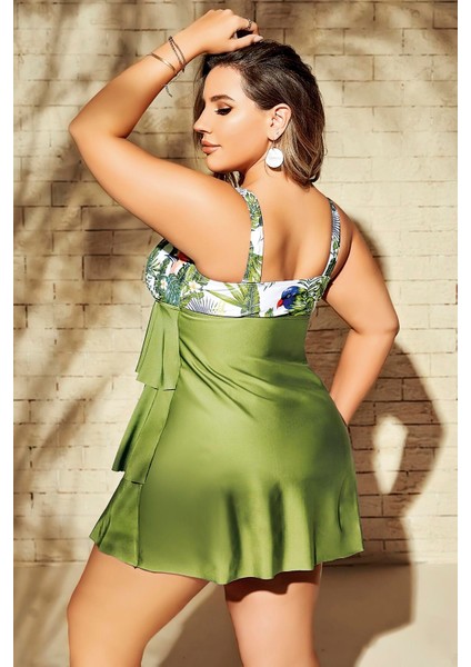 Büyük Beden Yeşil Fırfırlı Yaprak Desenli Kalın Askılı Gecelik