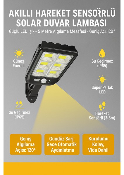 Güneş Enerjili LED Dış Mekan Duvar Lambası – Hareket Sensörlü, Otomatik Işık Kontrollü