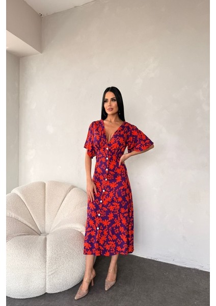 Kadın Göğüs Dekolteli Yaprak Desen Dokuma Viskon Kumaş Maxi Boy Elbise