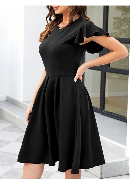 Kadın Kelebek Kollu Bisiklet Yakalı Pileli Ithal Krep Elbise modelleri