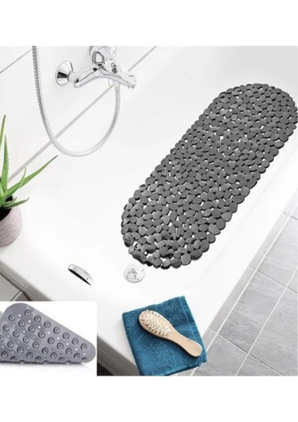 Kaydırmaz Silikon Taş Desen Banyo Paspası 34X68, Vantuzlu, Gri