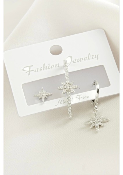 3 Adet Yıldız Zirkon Taşlı Küpe