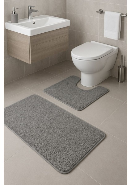 Yumuşak Kaydırmaz Tabanlı Banyo Paspas Takımı, Gri Renk