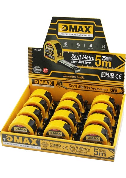 5mt x 25MM Çelik Şerit Metre Stoplu Otomatik Kilit= Bas Durdur - Çek Sarsın
