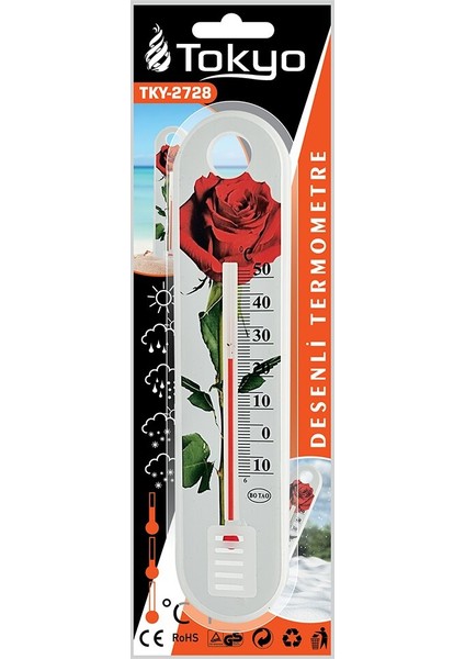Çiçek Desenli Plastik Derece - Oda Termometresi -10 - +50℃ Ölçer = 5 x 19CM