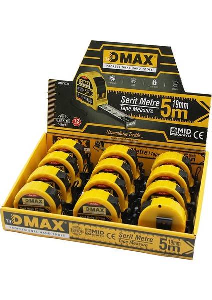 5mt x 19MM Çelik Şerit Metre Stoplu Otomatik Kilit= Bas Durdur - Çek Sarsın