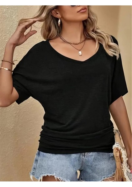 Tek Omuzu Açık Kısa Kollu Salaş Viskon Bluz modelleri