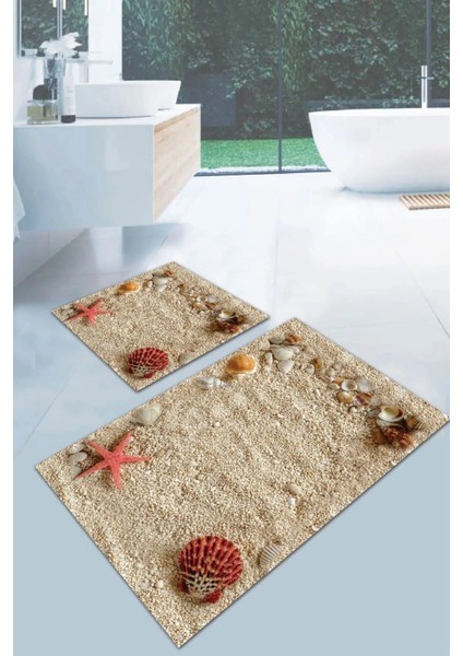 Deniz Kum Desenli Su Emici Ikili Banyo Paspası, 40X60CM ve 60X100CM