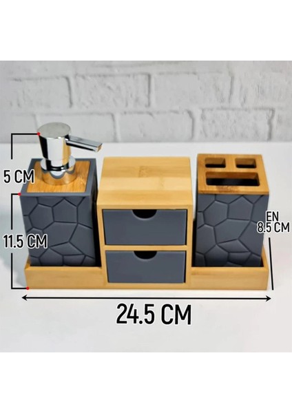 5 Parçalı Bambu-Akrilik Banyo Seti, Sıvı Sabunluk, Diş Fırçalık, Pamukluk, Sabunluk modelleri