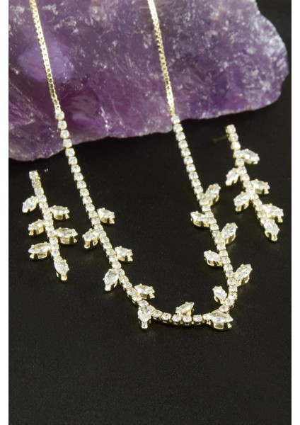 Yaprak Zirkon Taşlı Lüks Set Kolye