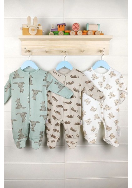 Kanguru Desenli 3'lü Patikli Tulum (Kız - Erkek - Yenidoğan)