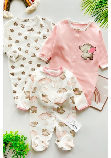 Pembe Fil Desenli 3'lü Patikli Tulum (Kız - Erkek - Yenidoğan)