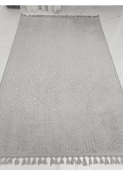 Kaymaz Tabanlı Püsküllü Düz Tema Halı 1 Parça Gri Makinede Yıkanabilir fırsatları