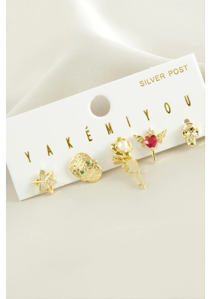 Yakemiyou 5 Adet Zirkon Taşlı Lüks Çelik Küpe