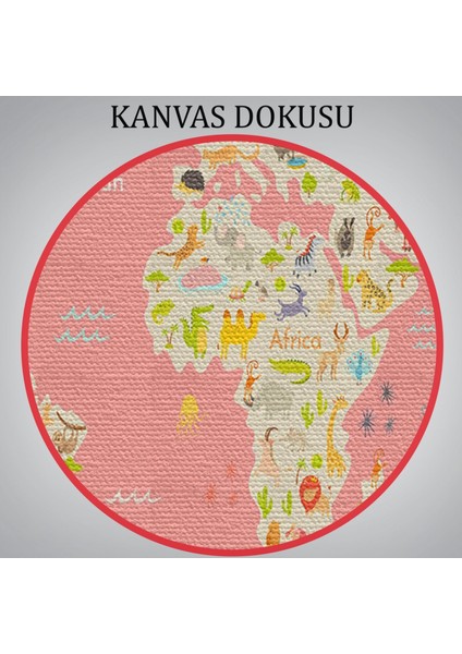 Pembe Zemin Hayvan Temalı Dünya Haritası Çocuk Odası Dekoratif Kanvas Tablo, Duvar Dekoru 1045