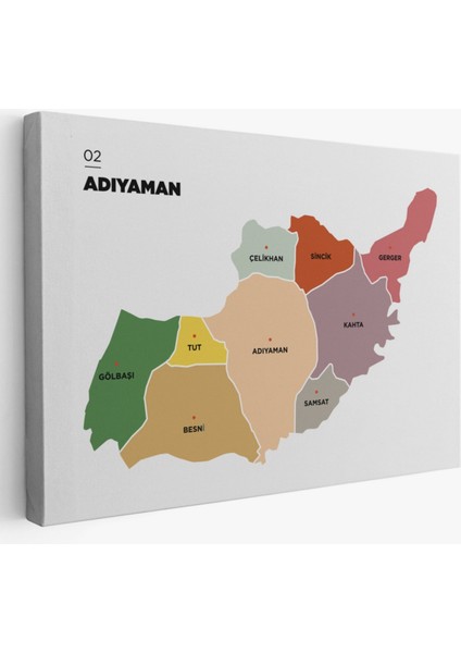 Il ve Ilçeler Haritası Adıyaman, Modern Dekoratif Kanvas Tablo, Duvar Dekoru 1250